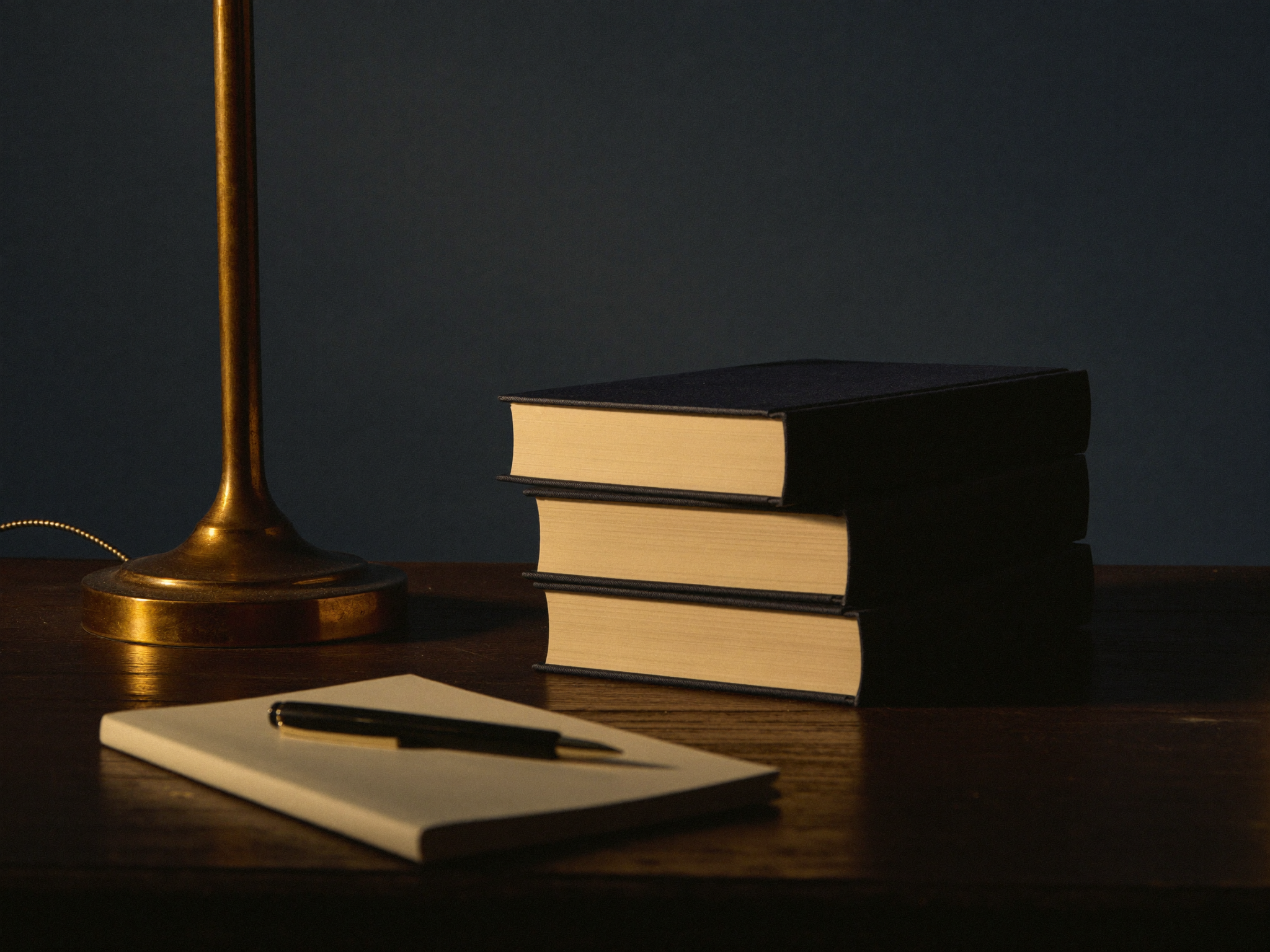 Lamplit study desk with closed hardback volumes and a notebook